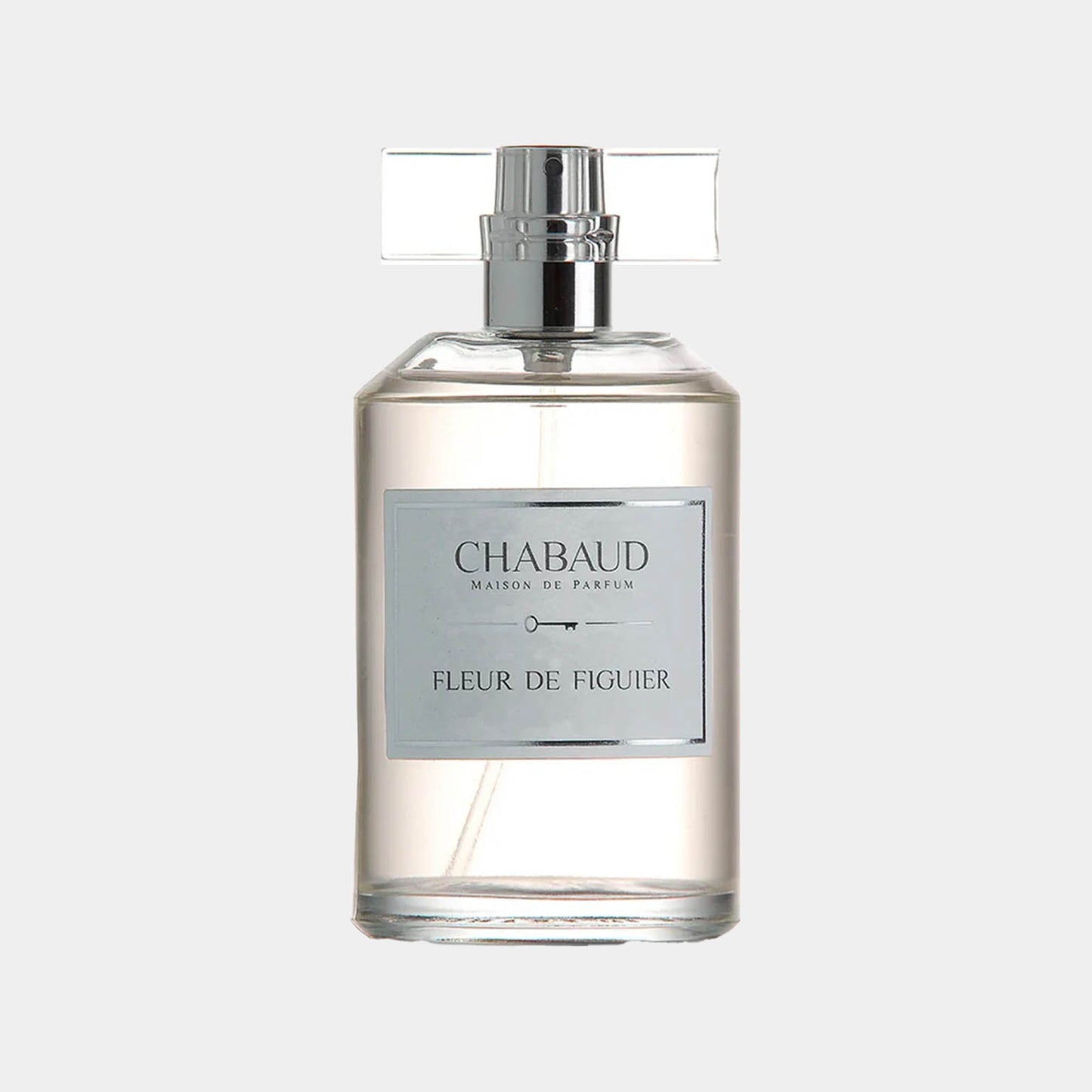 Een luxe parfum sample van Chabaud Maison de Parfum, getiteld Fleur de Figuier, gepresenteerd in een elegant glazen flesje met een moderne dop.