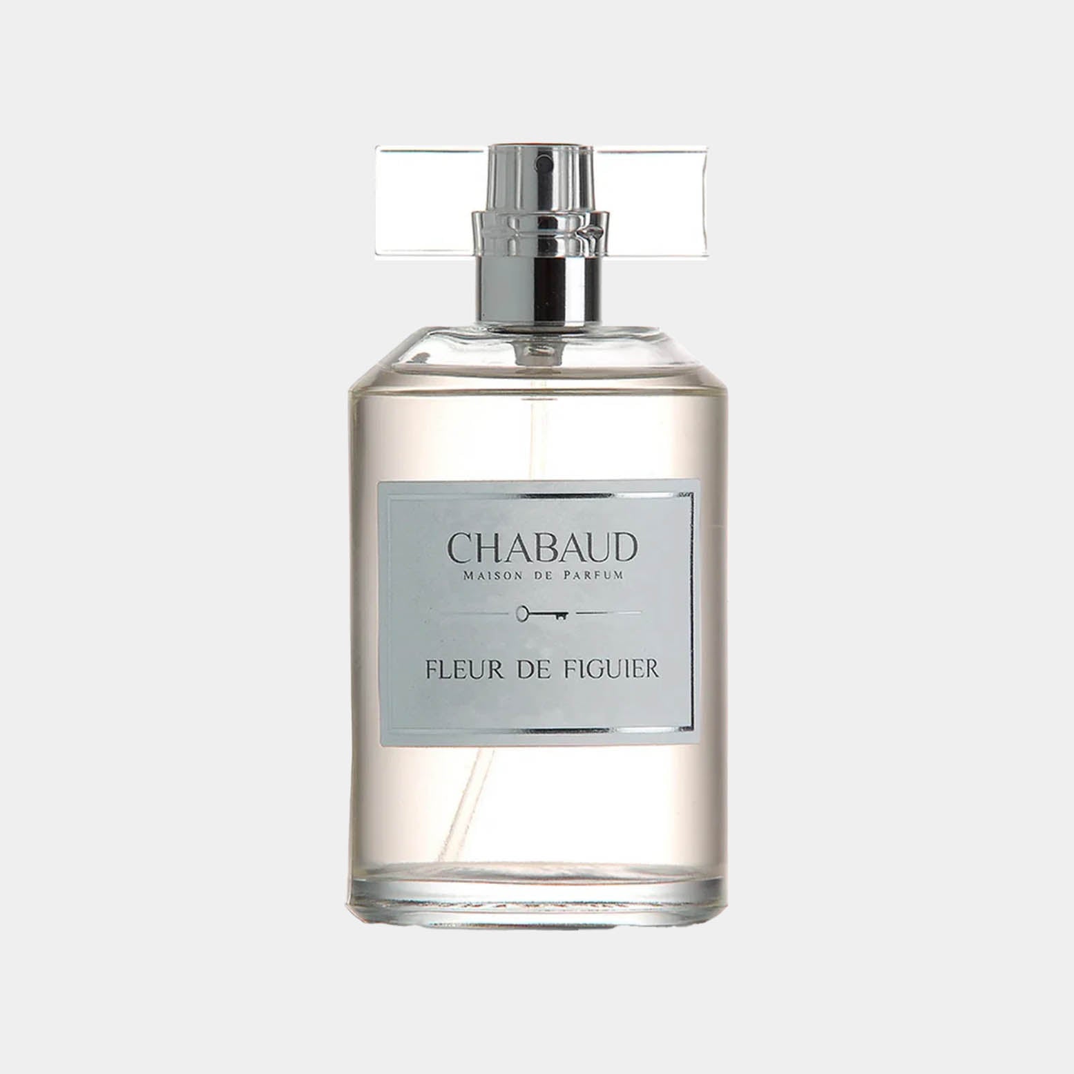 Chabaud Maison de Parfum Fleur de Figuier sample - een elegant glazen parfumflesje met een stijlvolle zilveren label en een verfijnde uitstraling.