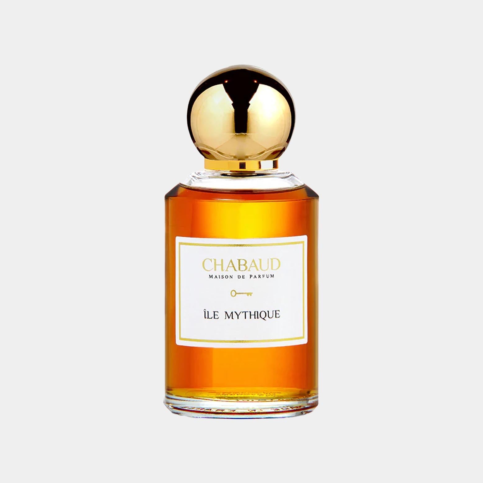 Chabaud Maison de Parfum Île Mythique sample, een elegante parfumfles met een gouden dop en een warme amberkleurige vloeistof.