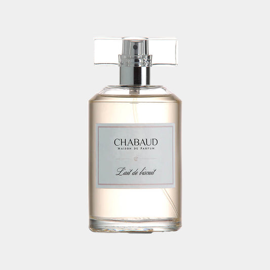Flesje van Chabaud Maison de Parfum Lait de Biscuit EDT Sample, met een elegante vorm en transparante vloeistof die een warme, zoete geur belooft.