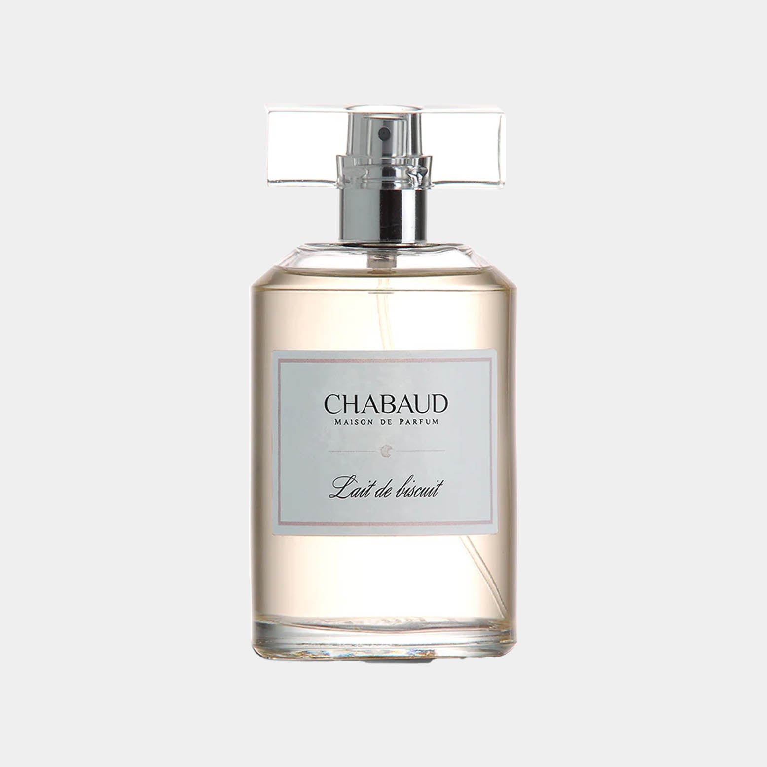 Een sample van Chabaud Maison de Parfum Lait de Biscuit EDT, gepresenteerd in een elegante, glazen flacon met een eenvoudige label. De geur heeft een warme, zoete aroma.