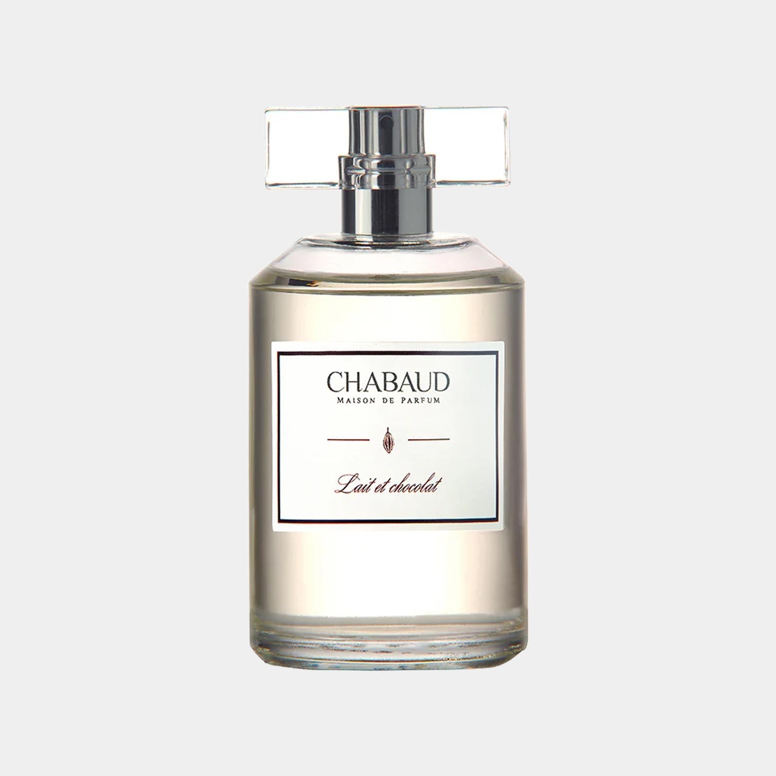 Een flacon eau de toilette sample van Chabaud Maison de Parfum met de geur Lait Et Chocolat, elegant en eenvoudig vormgegeven.