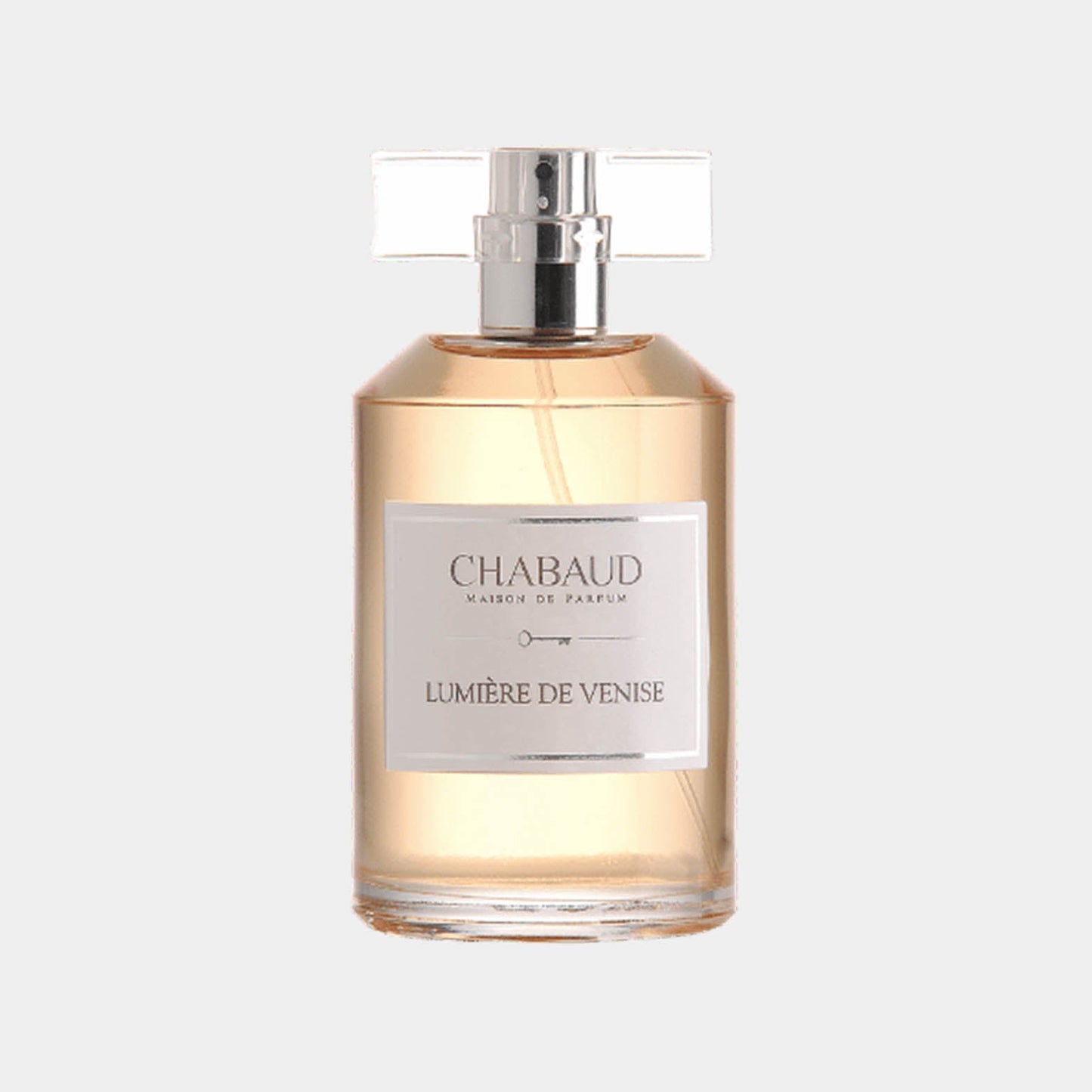 Monsterfles van Chabaud Maison de Parfum Lumière de Venise, een elegante parfum met een lichte, verfijnde geur. De fles heeft een verfijnde vormgeving met een transparante dop.