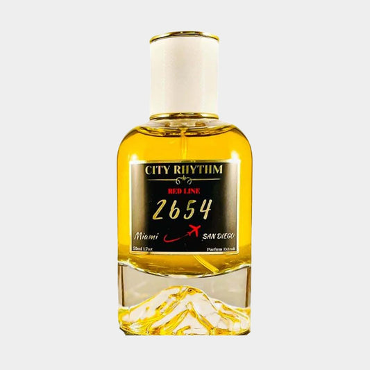 City Rhythm 2654 Full bottle, een stijlvolle parfumfles met een gouden vloeistof, ontworpen voor een verfrissende geurbeleving geïnspireerd door Miami en San Diego.