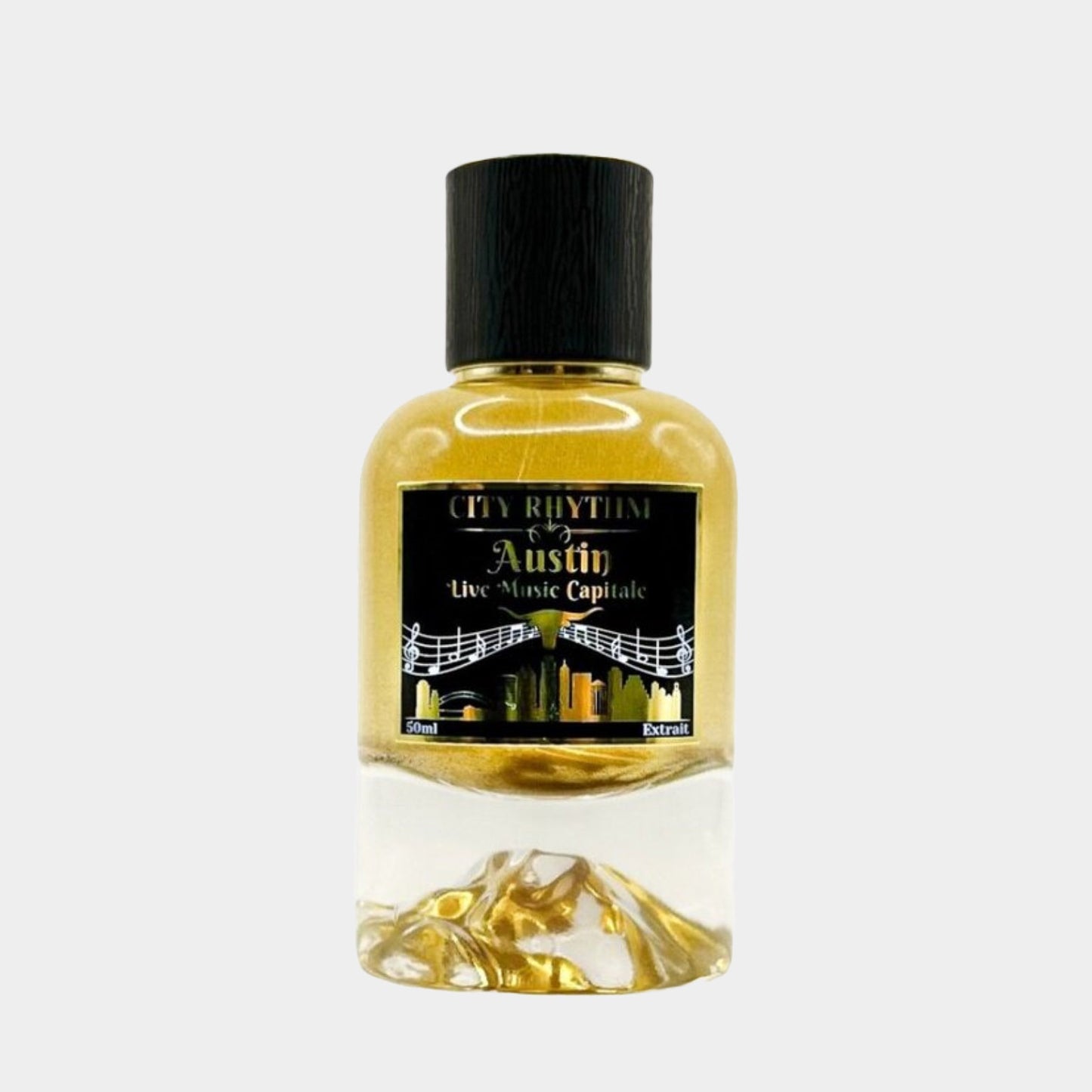 Flesje van de City Rhythm Austin Sample, een parfum geïnspireerd op de Live Music Capital van de wereld, met een gouden vloeistof en een stijlvolle verpakking.