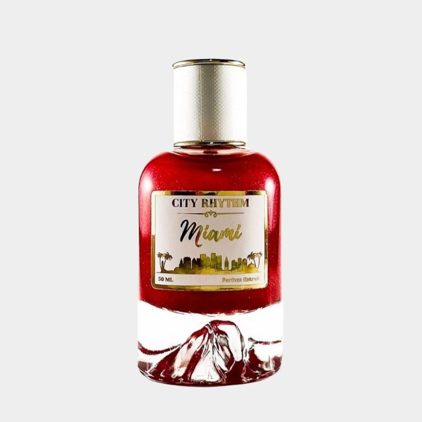 City Rhythm Miami Sample: een 50 ml flacon met een stralende rode geur, versierd met een label dat de skyline van Miami afbeeldt.