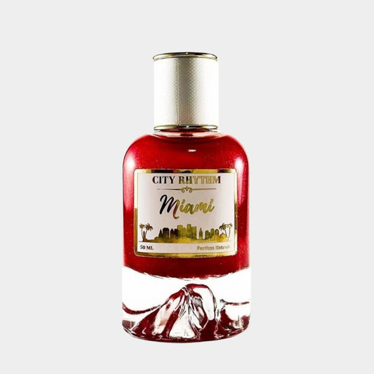 City Rhythm Miami Full bottle, een elegante parfumfles van 50 ml met een opvallende rode vloeistof en een ontwerp dat de levendige sfeer van Miami weerspiegelt.