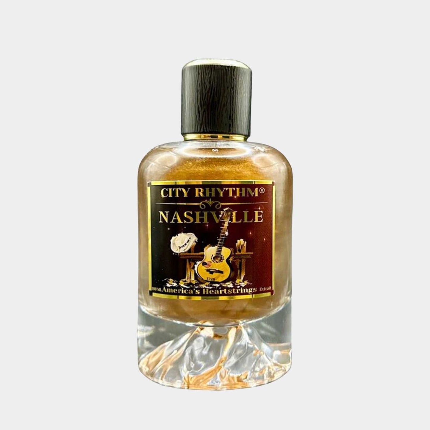 Een volle fles van City Rhythm Nashville, een parfum met een unieke mix geïnspireerd door de muziek en cultuur van Nashville, weergegeven in een elegante glazen fles.