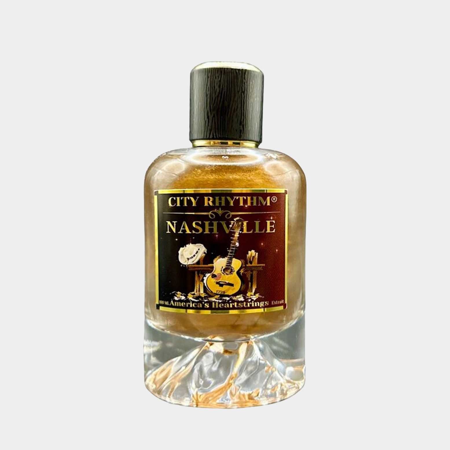 Een volle fles van City Rhythm Nashville, een parfum met een unieke mix geïnspireerd door de muziek en cultuur van Nashville, weergegeven in een elegante glazen fles.