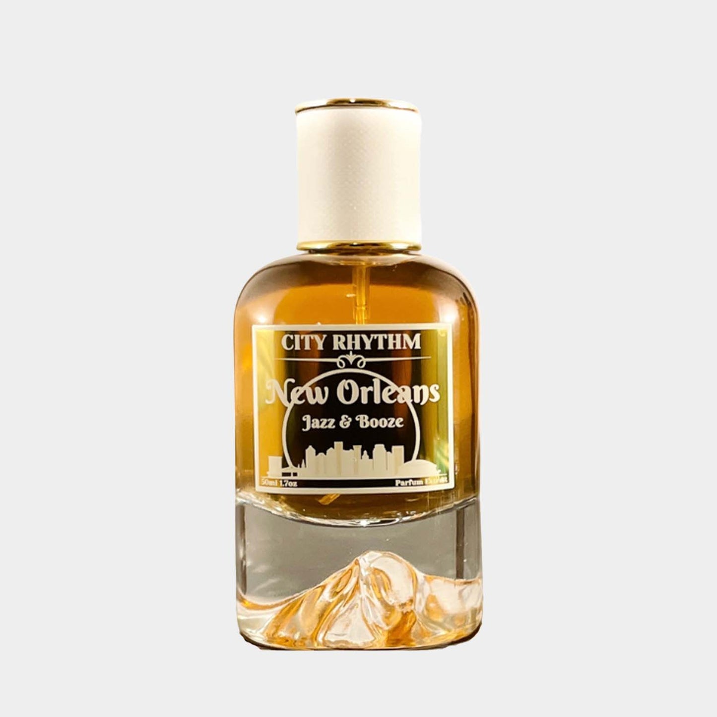 City Rhythm New Orleans Jazz & Booze Sample: Een luxe parfumfles met een warme gouden tint, geïnspireerd door de levendige jazzcultuur en bruisende sfeer van New Orleans.