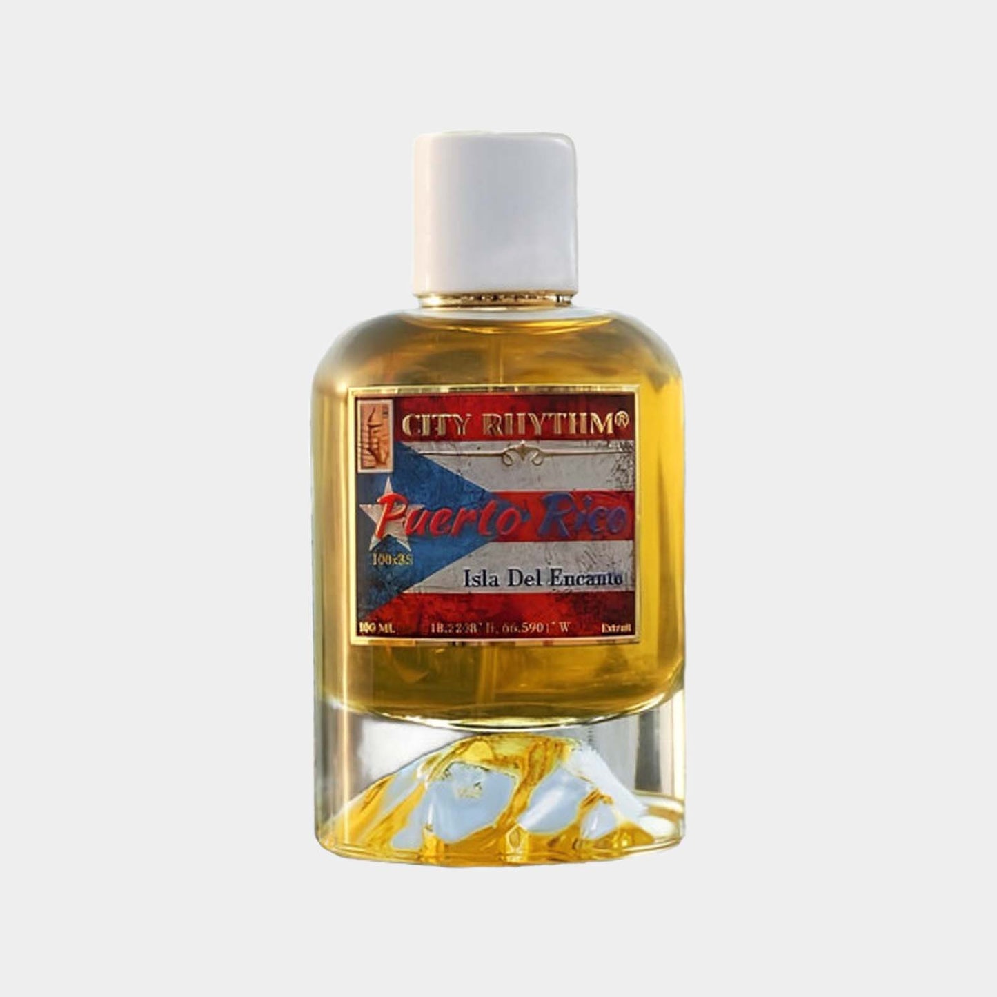 City Rhythm Puerto Rico Full bottle, 100 ml, met een elegante vintage uitstraling en een gouden vloeistof in een stijlvolle fles.