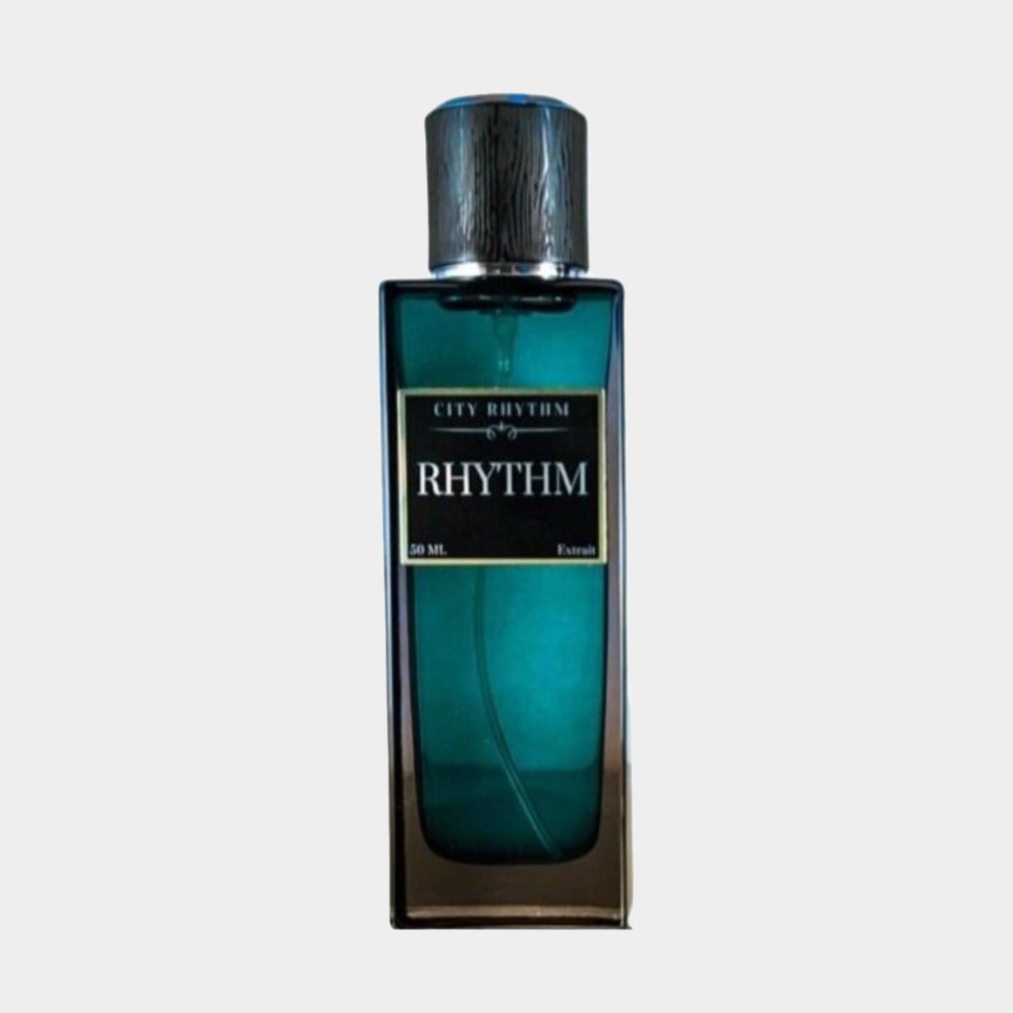 Een stijlvolle flacon van City Rhythm Rhythm Sample parfum, met een elegante groene kleur en een metalen dop. Het flesje bevat 20 ml van de geur.