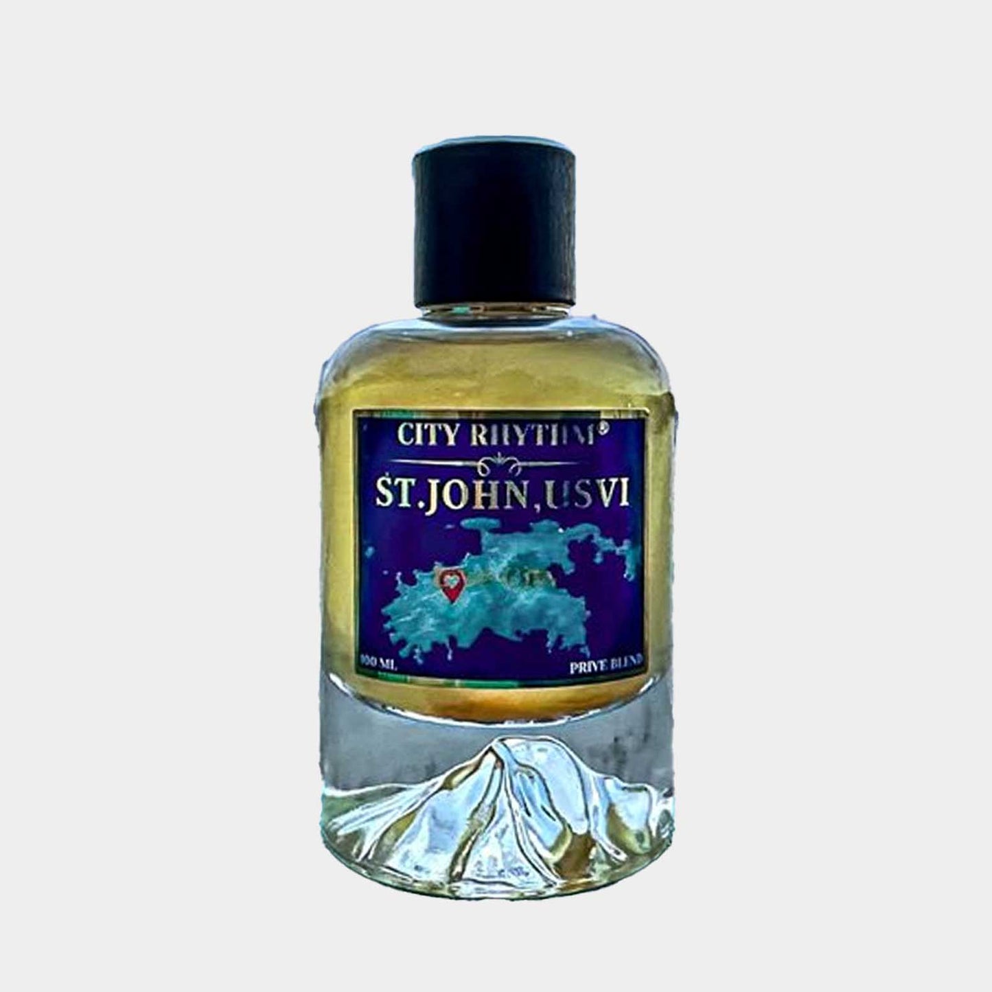 Fles van de City Rhythm St John Sample, een geurvormgeving met een afbeelding van St. John, USVI. De transparante fles heeft een zwart dopje en een kleurrijk etiket.
