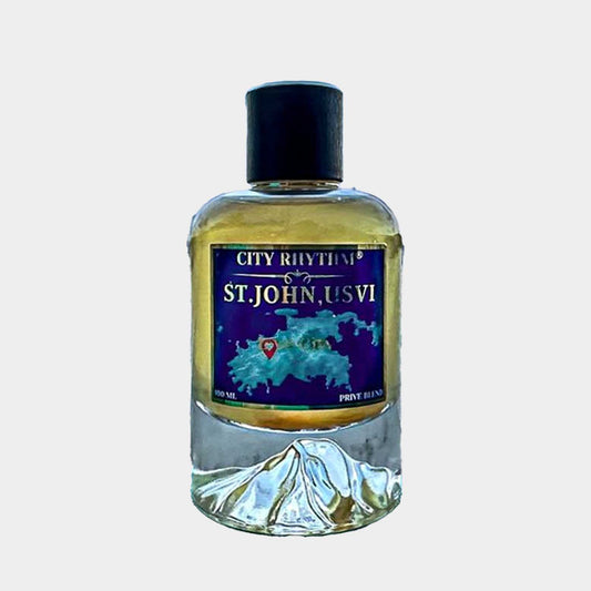 City Rhythm St John Full bottle, een stijlvolle glazen parfumfles met een kleurrijke label dat het eiland St. John, USVI afbeeldt.
