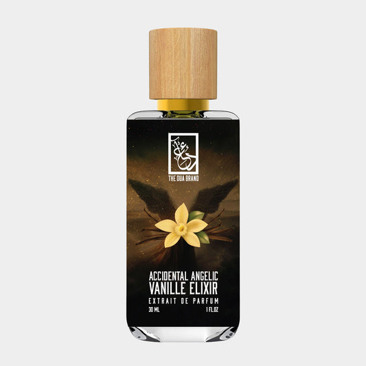 Een flesje van 30 ml van de Dua Accidental Angelic Vanille Elixir parfum, met een stijlvolle houten dop en een kleurrijke achtergrond met engelenvleugels en een vanillebloem. Deze luxe parfum is een geurige ervaring in een elegante verpakking.
