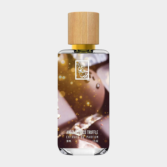 Dua Angelic Choco Truffle Sample, een 30 ml parfumfles met een elegante houten dop, versierd met een afbeelding van chocolade truffels en sprankelende accenten.