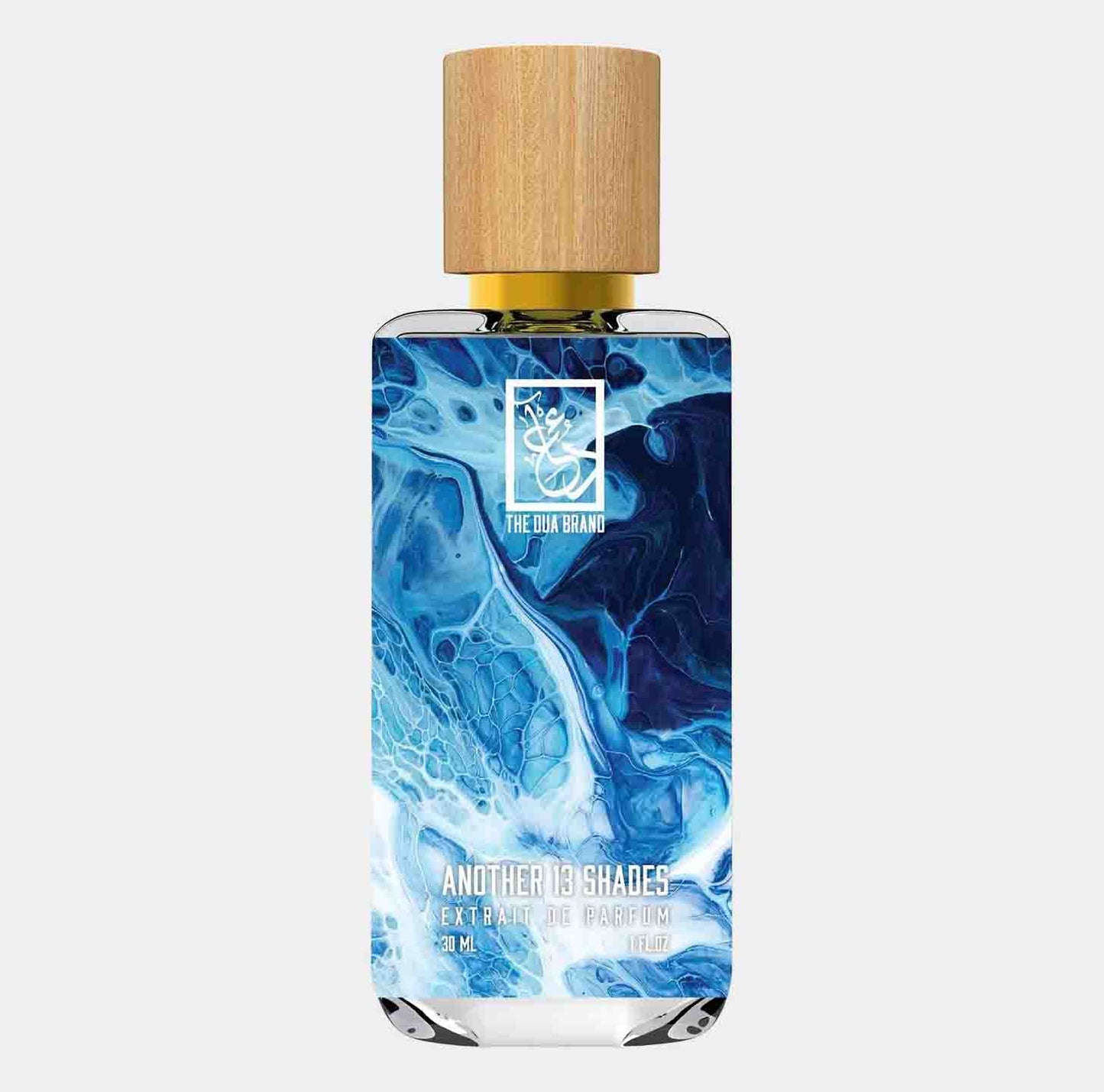 Dua Another 13 Shades Sample, een 30 ml flesje met een prachtig blauw-marmereffect en een houten dop, speciaal ontworpen voor een luxe geurervaring.