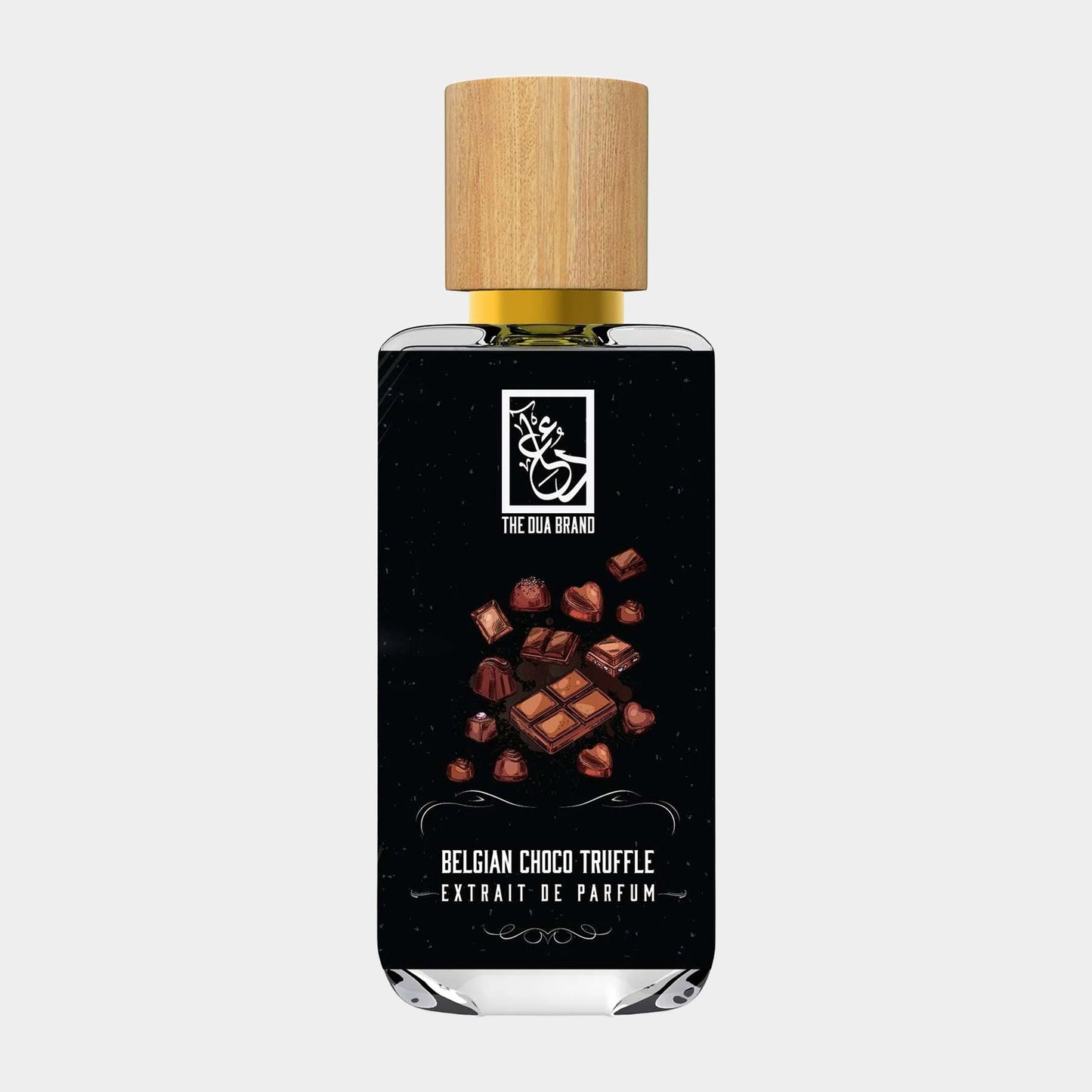 Dua Belgian Choco Truffle, een parfum met de rijke geur van Belgische chocolade-truffels, verpakt in een elegant flacon met een houten dop.