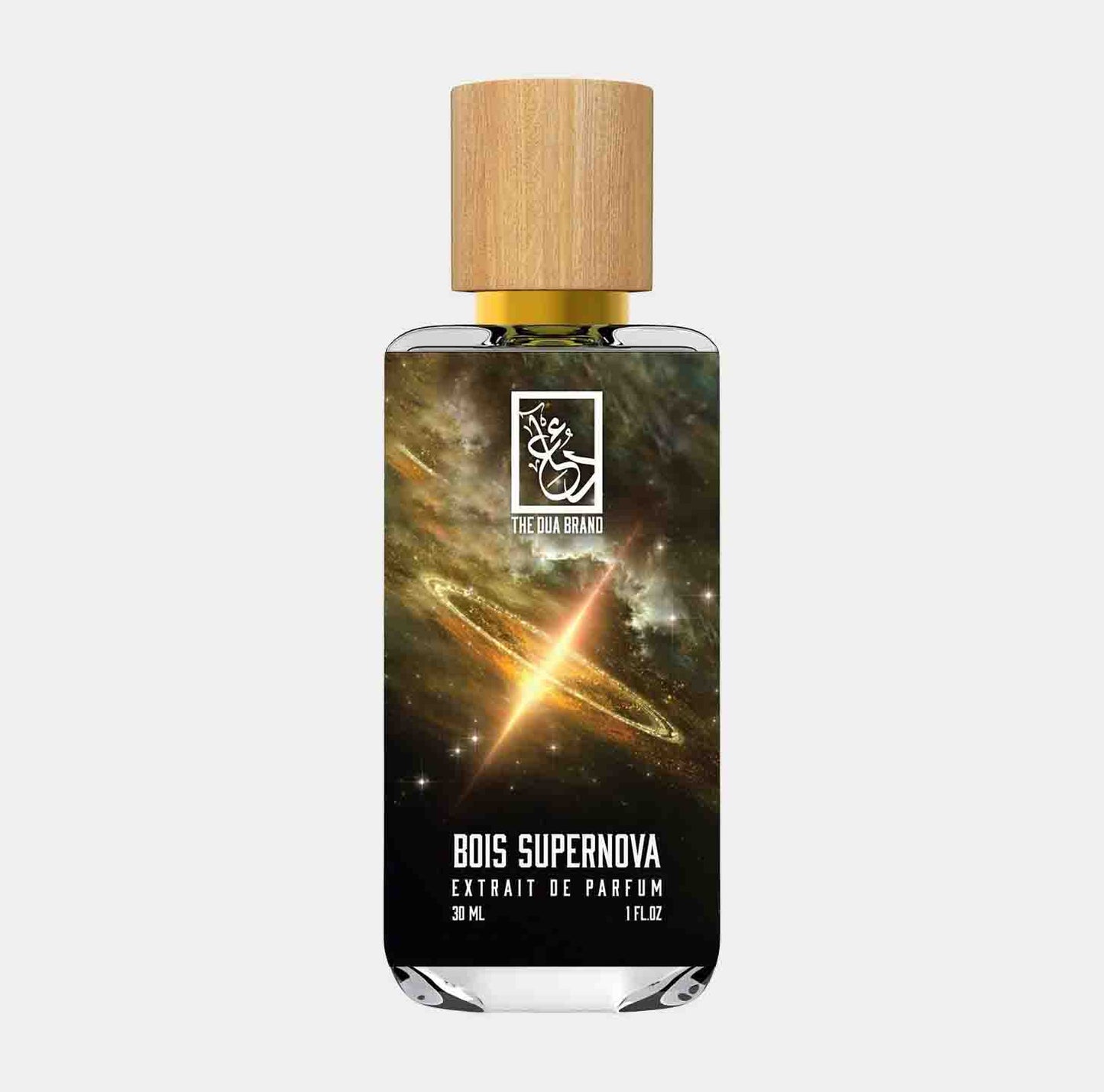 Flesje Dua Bois Supernova Sample van 30 ml, een luxe parfum met een opvallend ontwerp dat de ruimte en sterren weerspiegelt.