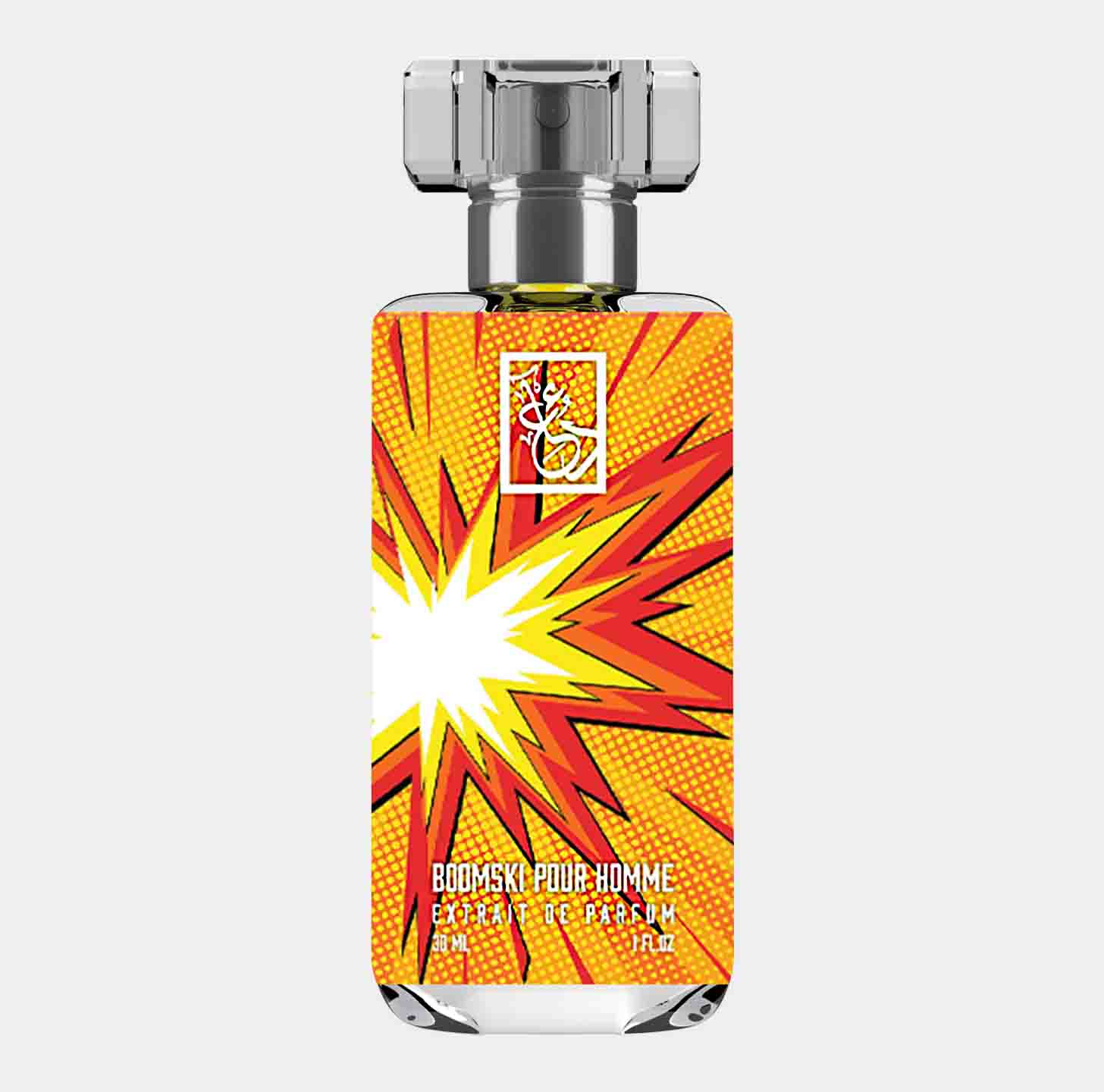 Dua Boomski Pour Homme Sample, een flacon parfum met een opvallend design en kleurrijke explosieveffecten, perfect voor de moderne man.