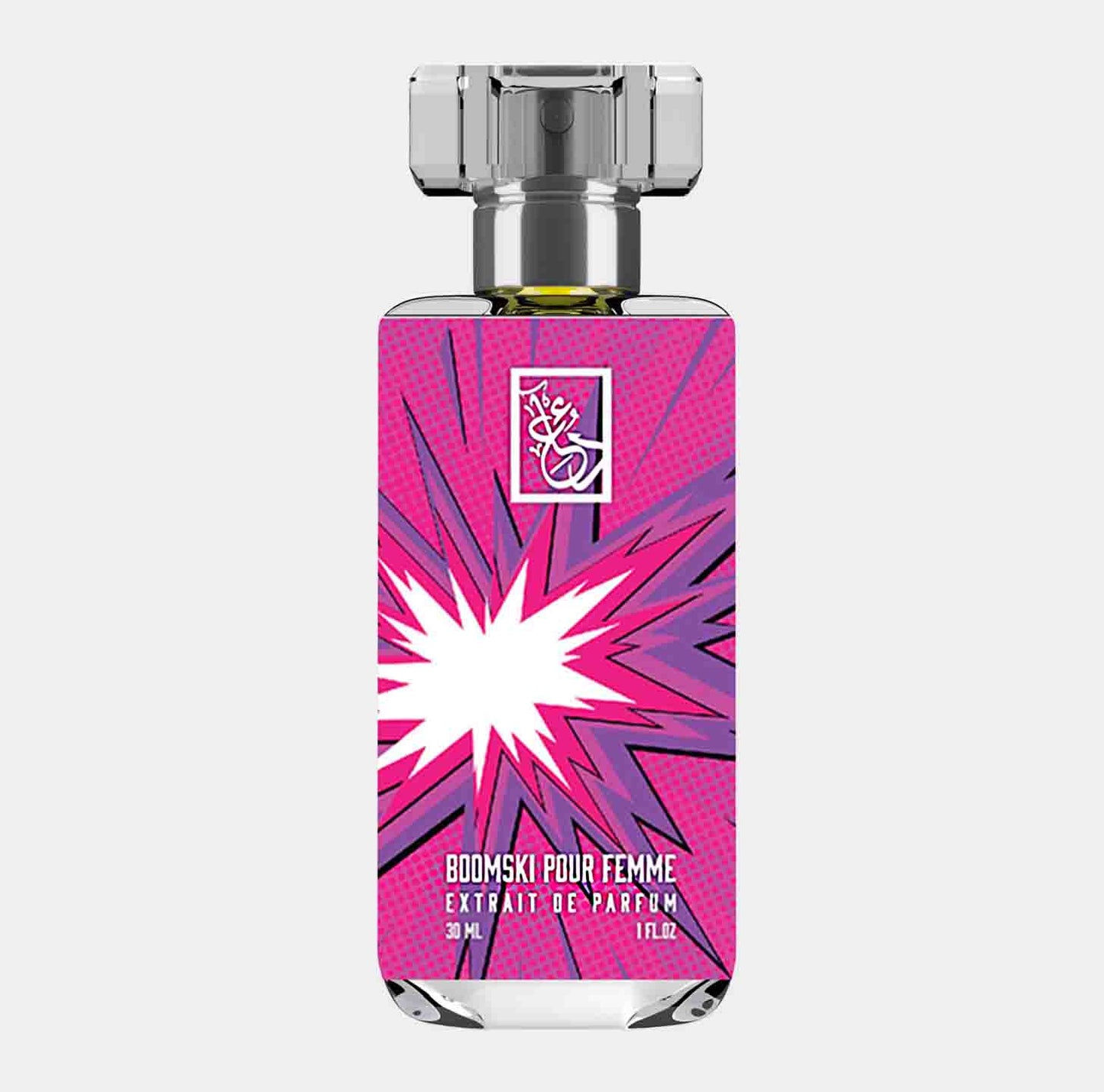 Dua Boomski Pour Femme Sample, een levendige parfumfles van 30 ml met een opvallend roze en witte explosie-achtige verpakking.