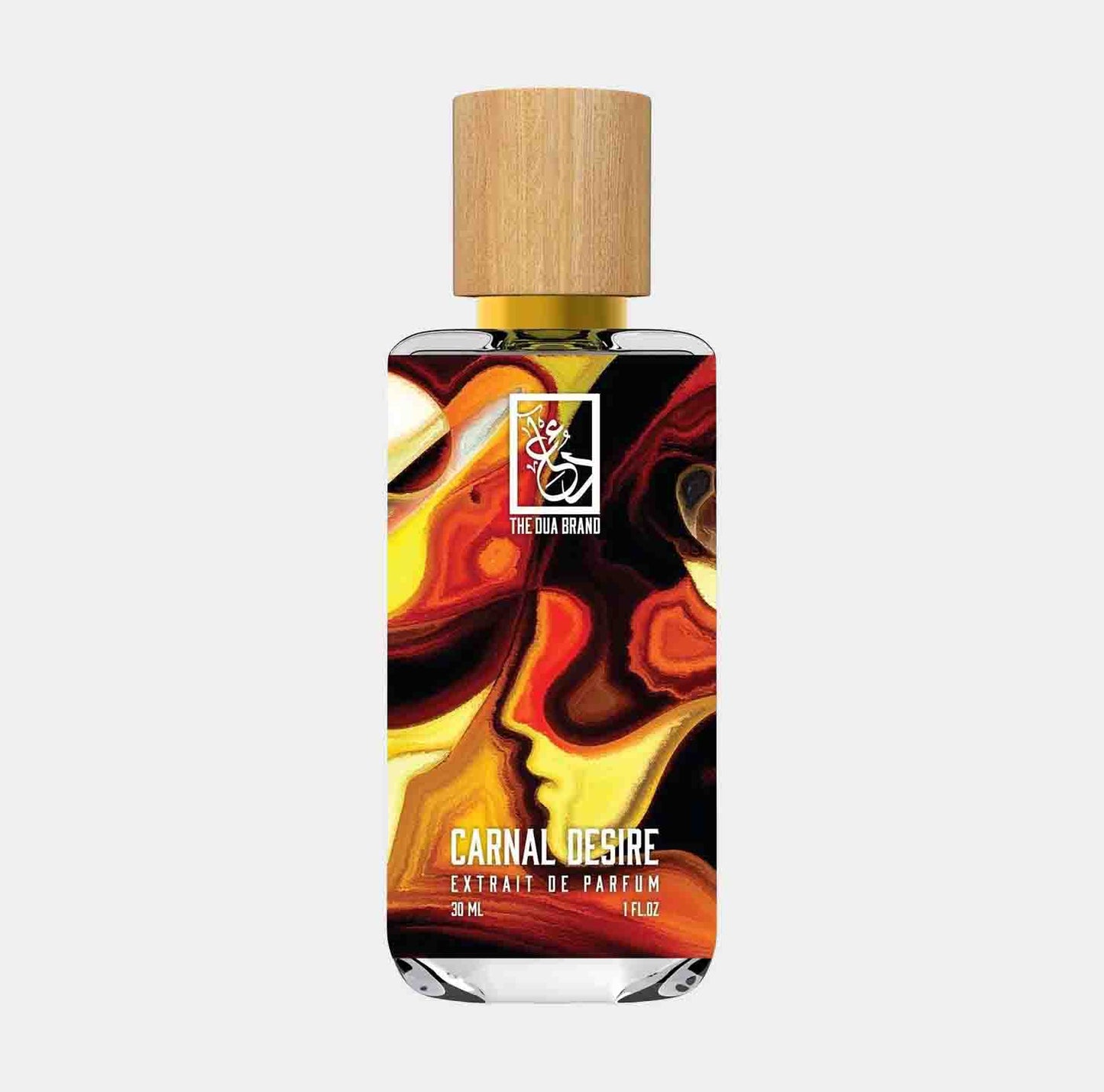 Voorbeeld van de Dua Carnal Desire, een luxueuze parfum-extract in een aantrekkelijke fles met een kleurrijke abstracte print en een houten dop.
