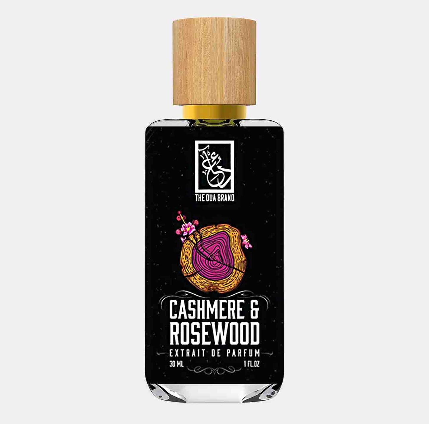 Dua Cashmere & Rosewood sample, een elegante parfumfles van 30 ml met een houten dop, versierd met kleurrijke grafische elementen.