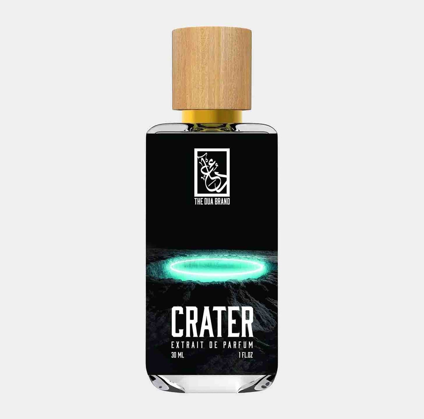 Dua Crater Sample, een 30 ml parfumfles met een opvallend ontwerp, featuring een houten dop en een mystiek cratersymbool op de label.