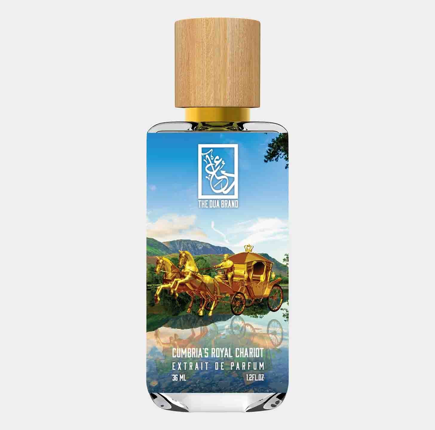 De geur Cumbrias Royal Chariot van The Dua Brand, verpakt in een elegante fles met een houten dop en een levendige afbeelding van een koninklijke koets, ontworpen om luxe en verfijning uit te stralen.