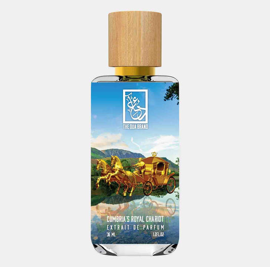 De geur Cumbrias Royal Chariot van The Dua Brand, verpakt in een elegante fles met een houten dop en een levendige afbeelding van een koninklijke koets, ontworpen om luxe en verfijning uit te stralen.
