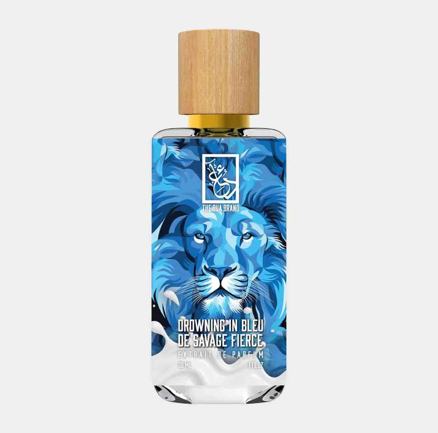 Dua Drowning in Bleu de Savage Fierce sample, een geur in een opvallende fles met een leeuwmotief en houten dop, perfect voor persoonlijke verfrissing.