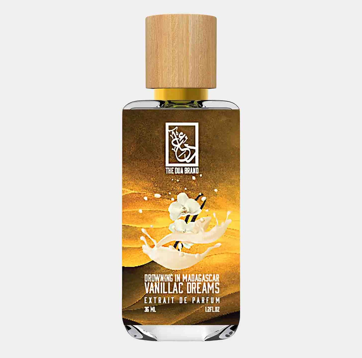 Dua Drowning in Madagascar Vanillac Dreams sampleflacon van 35 ml met een elegante houten dop, afgebeeld tegen een witte achtergrond.