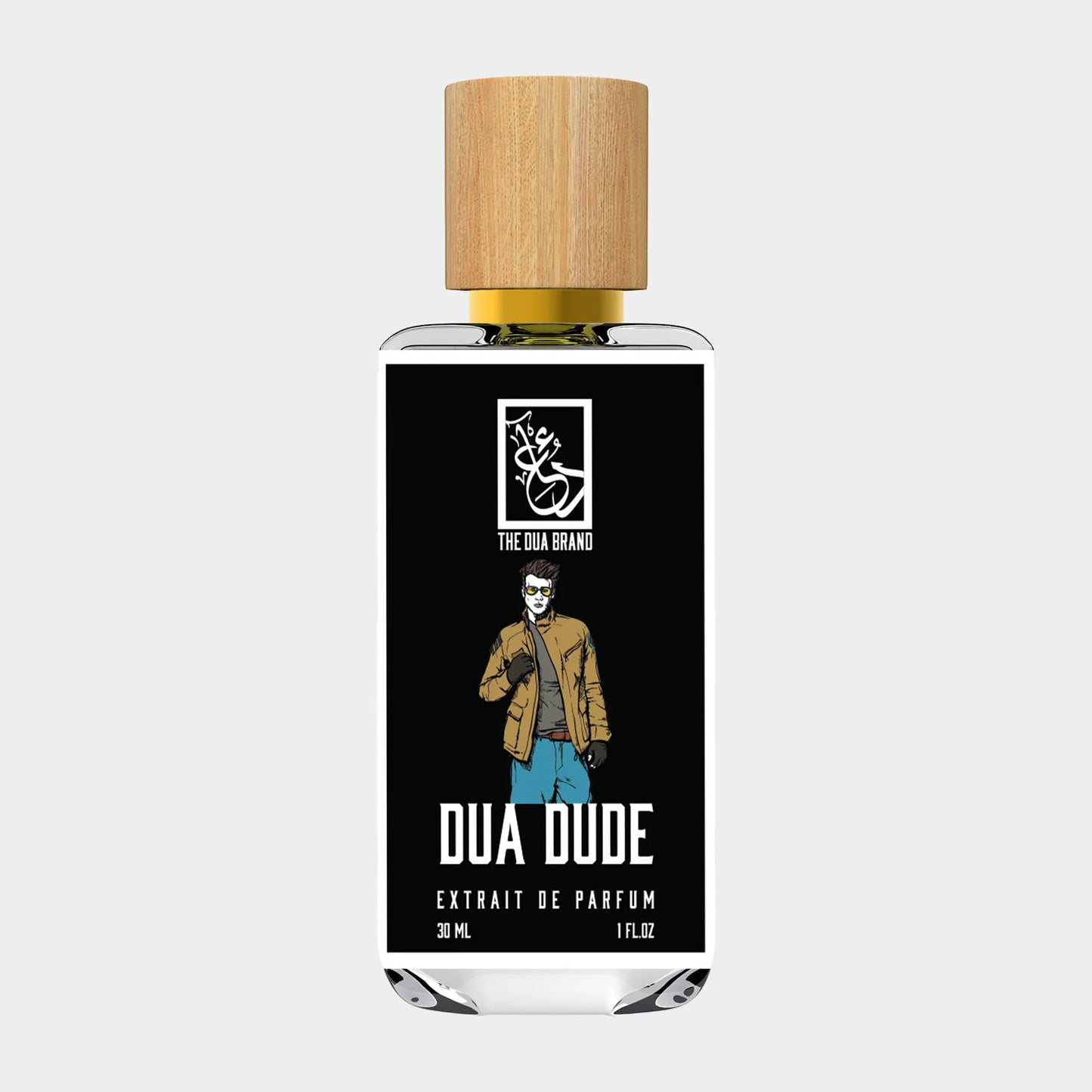 Flesje Dua Dude Sample, een extrait de parfum van 30 ml met een stijlvolle verpakking en een afbeelding van een man in een jas.