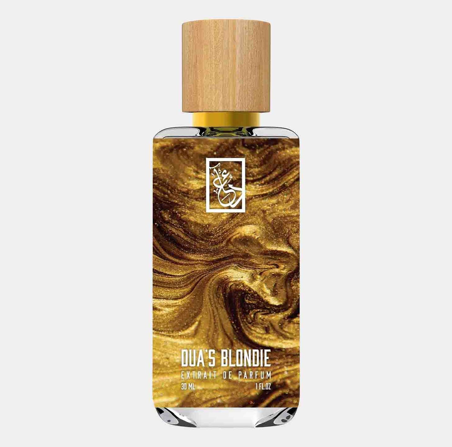 Een stijlvolle parfumfles van 30 ml met een gouden marmerachtig ontwerp, gelabeld als Duas Blondie Sample, een extrait de parfum.