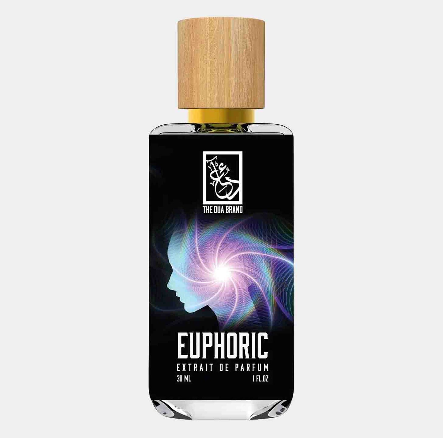 Dua Euphoric Sample, een stijlvolle parfumfles met een houten dop, bevat 30 ml extrait de parfum met een kleurrijke, abstracte afbeelding van een silhouet.
