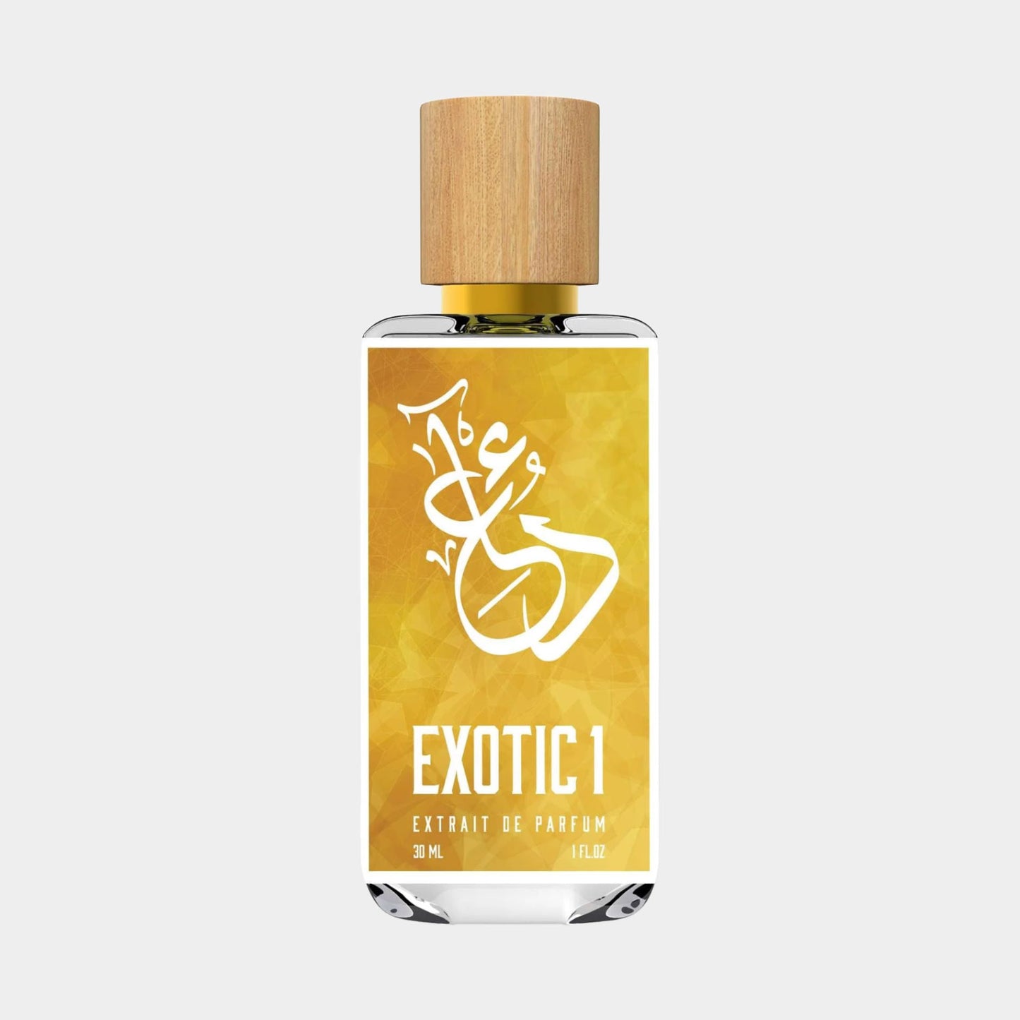 Dua Exotic 1.0 Sample, een elegant parfum in een glazen fles met een houten dop, bevat 30 ml van een luxe geur.