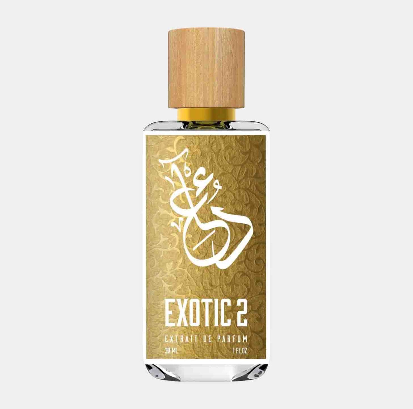 Dua Exotic 2.0 Sample is een elegante parfumfles met een gouden etiket en houten dop, gevuld met 30 ml hoogwaardige extrait de parfum. Het ontwerp straalt luxe en verfijning uit.
