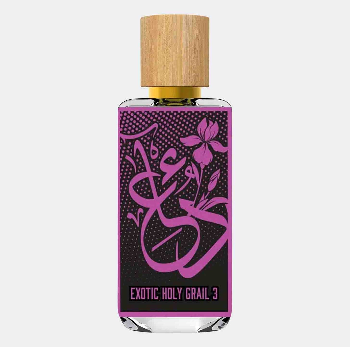 Dua Exotic Holygrail 3 Sample is een elegant parfumflesje met een ontwerp in levendige paarse tinten en een houten dop, perfect voor liefhebbers van unieke geurervaringen.