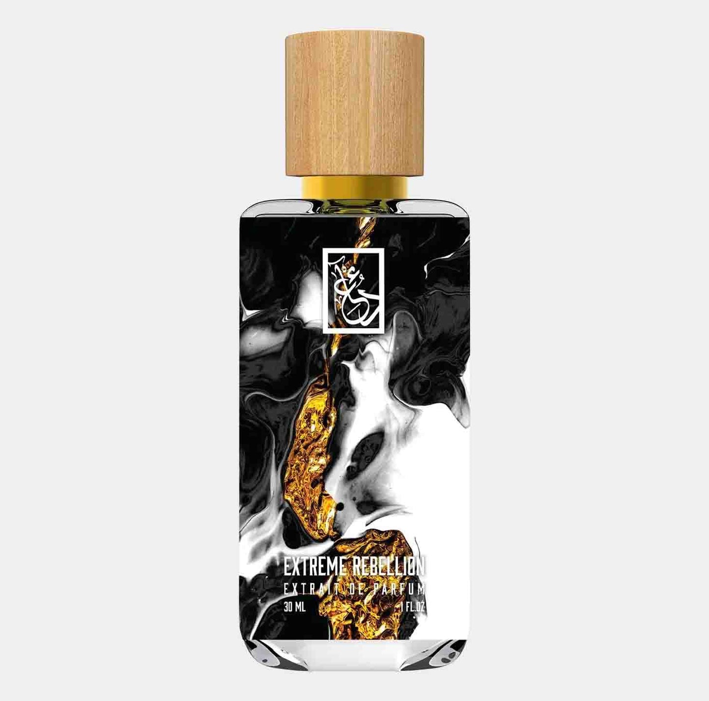 Dua Extreme Rebellion Sample - een elegant parfumflesje van 30 ml met een kunstzinnig ontwerp en een houten dop.