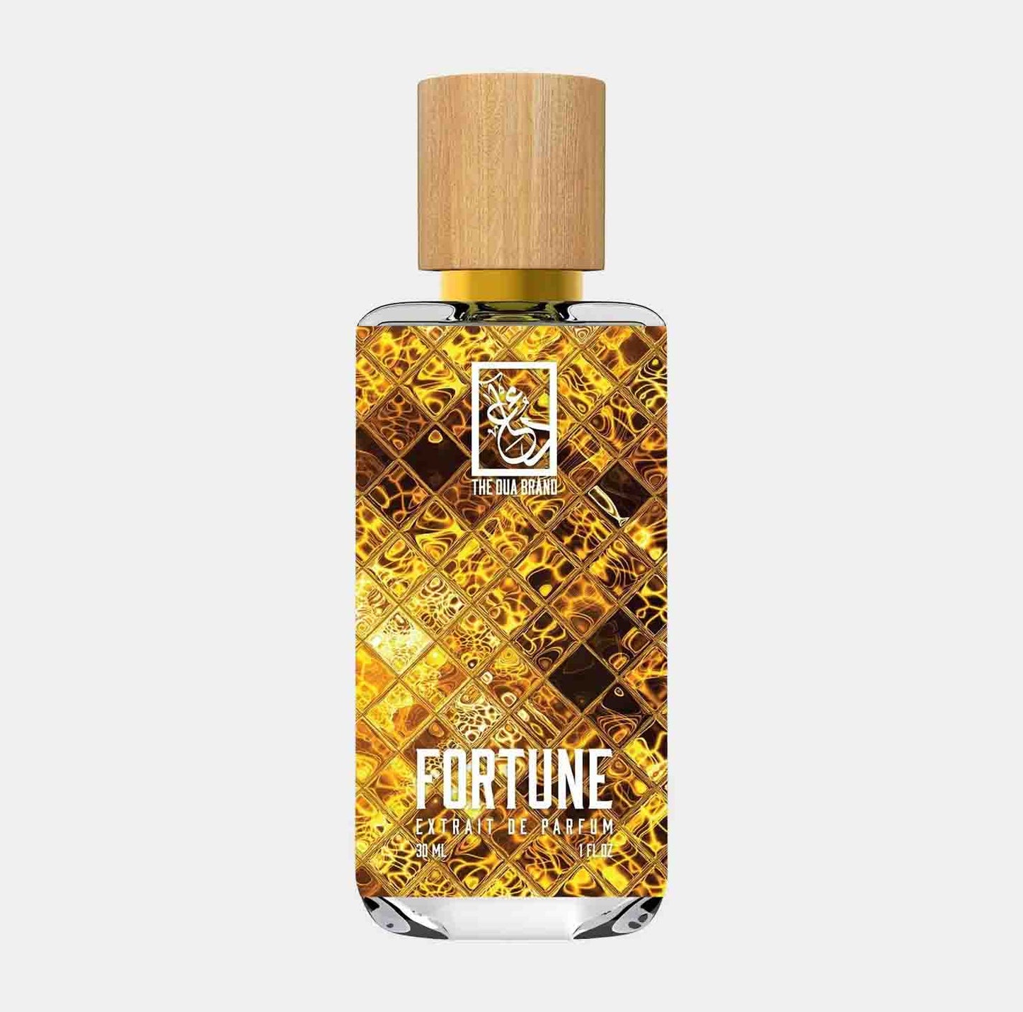 Dua Fortune Sample, een flacon met gouden en elegante versieringen, bevat een luxe geur die geluk verpersoonlijkt.