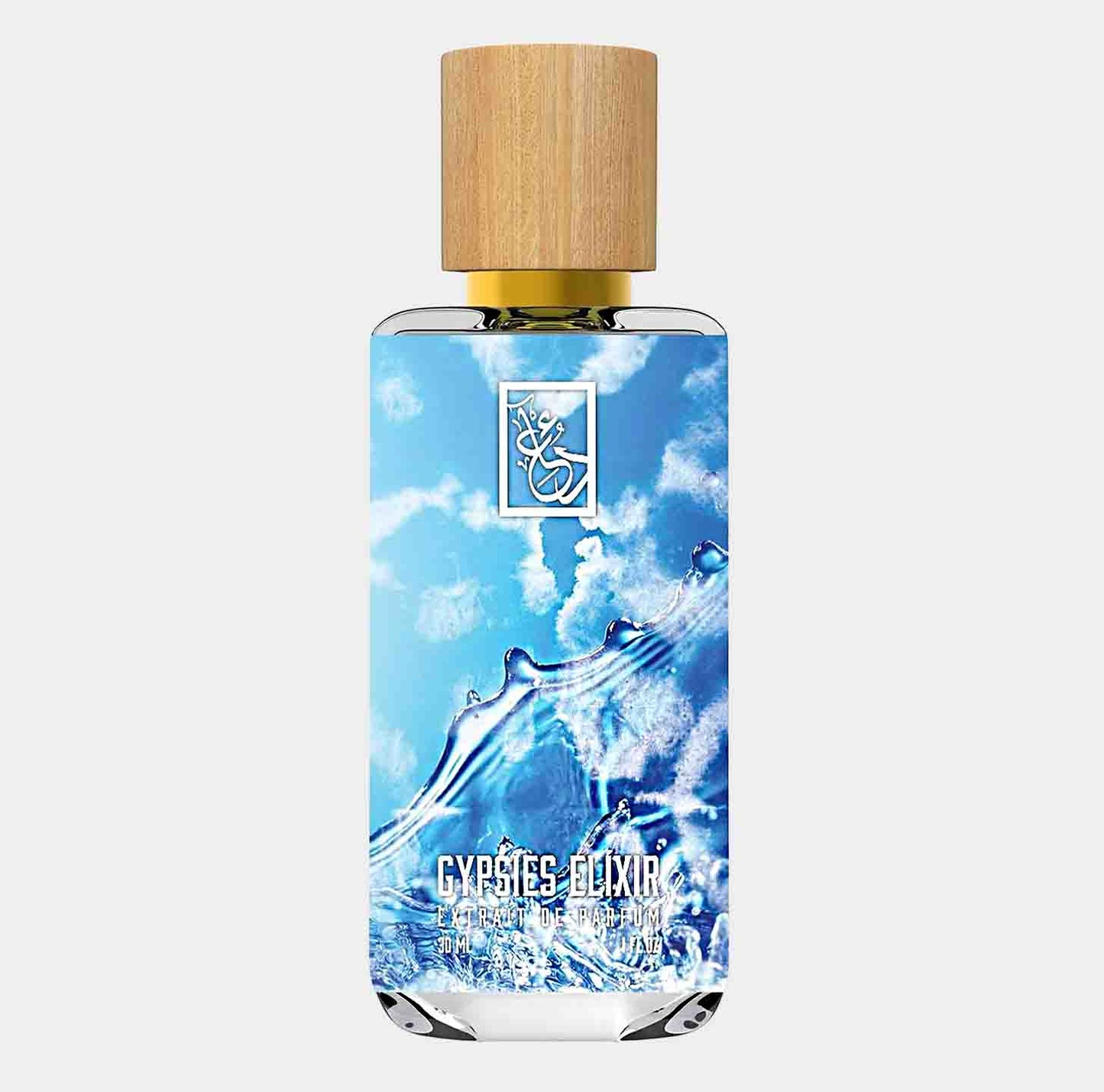 Monsterfles van Dua Gypsies Elixir met een frisse, aquatische uitstraling en een houten dop, perfect voor een verkwikkende geurervaring.