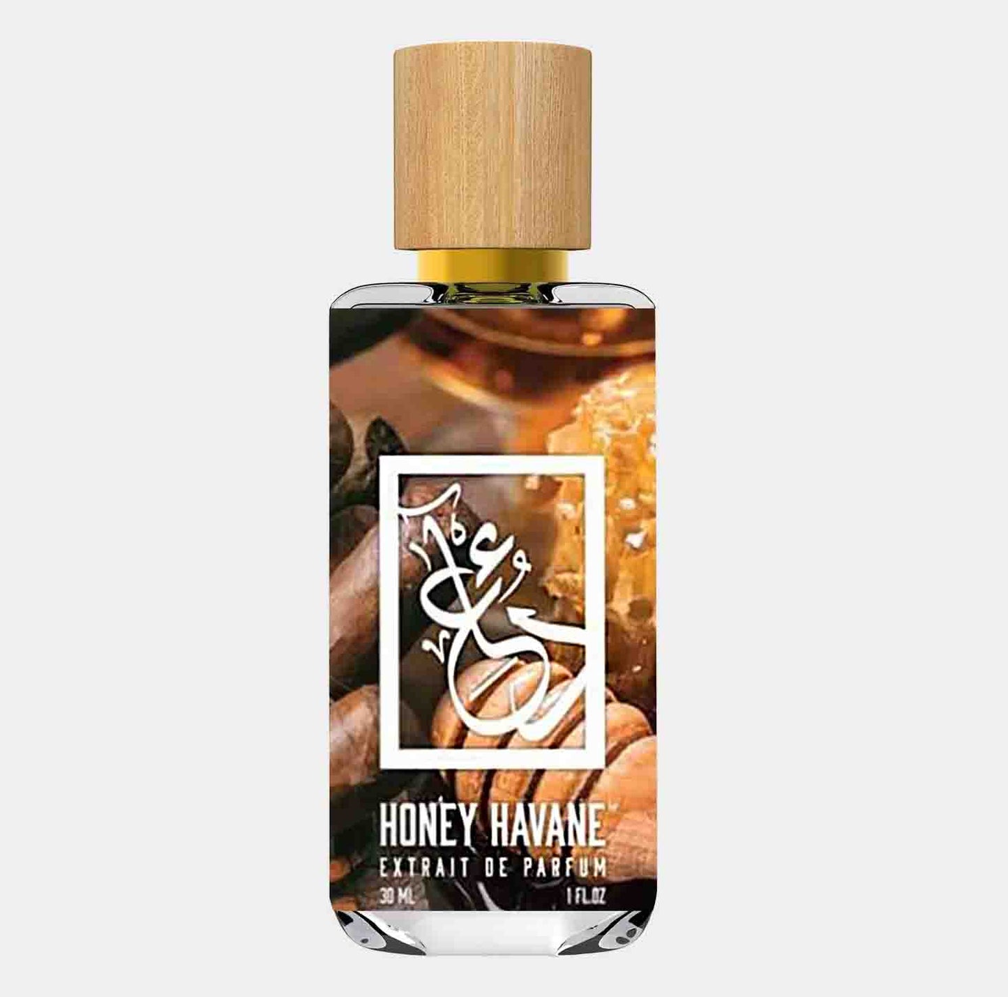Flesje van Dua Honey Havane Sample met een houten dop, gevuld met 30 ml parfum dat de zoete geur van honing en tabak combineert.