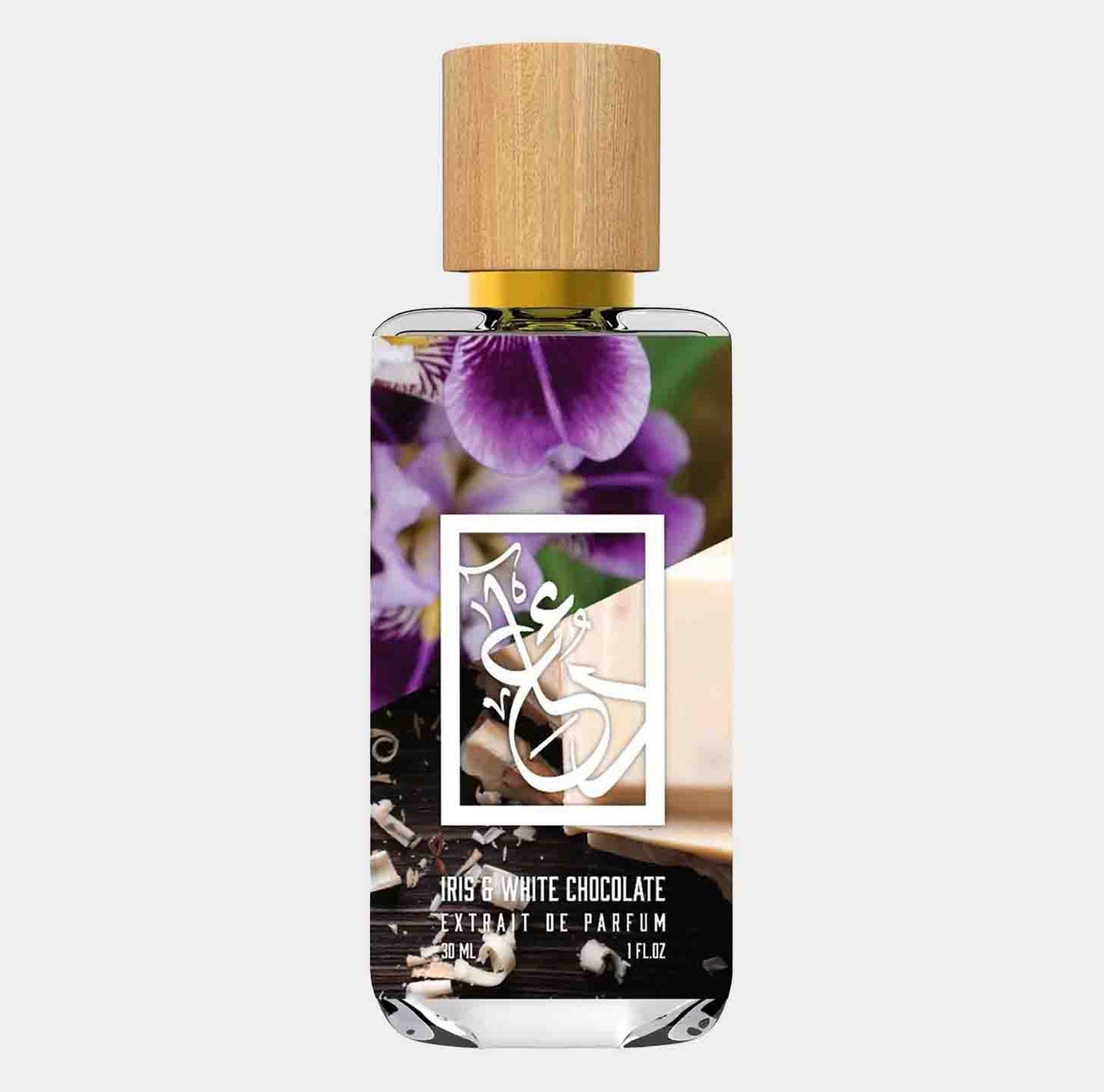 Dua Iris White Chocolate Sample - een elegant parfum in een glazen fles met houten dop, versierd met paarse iris- en chocolade-elementen.