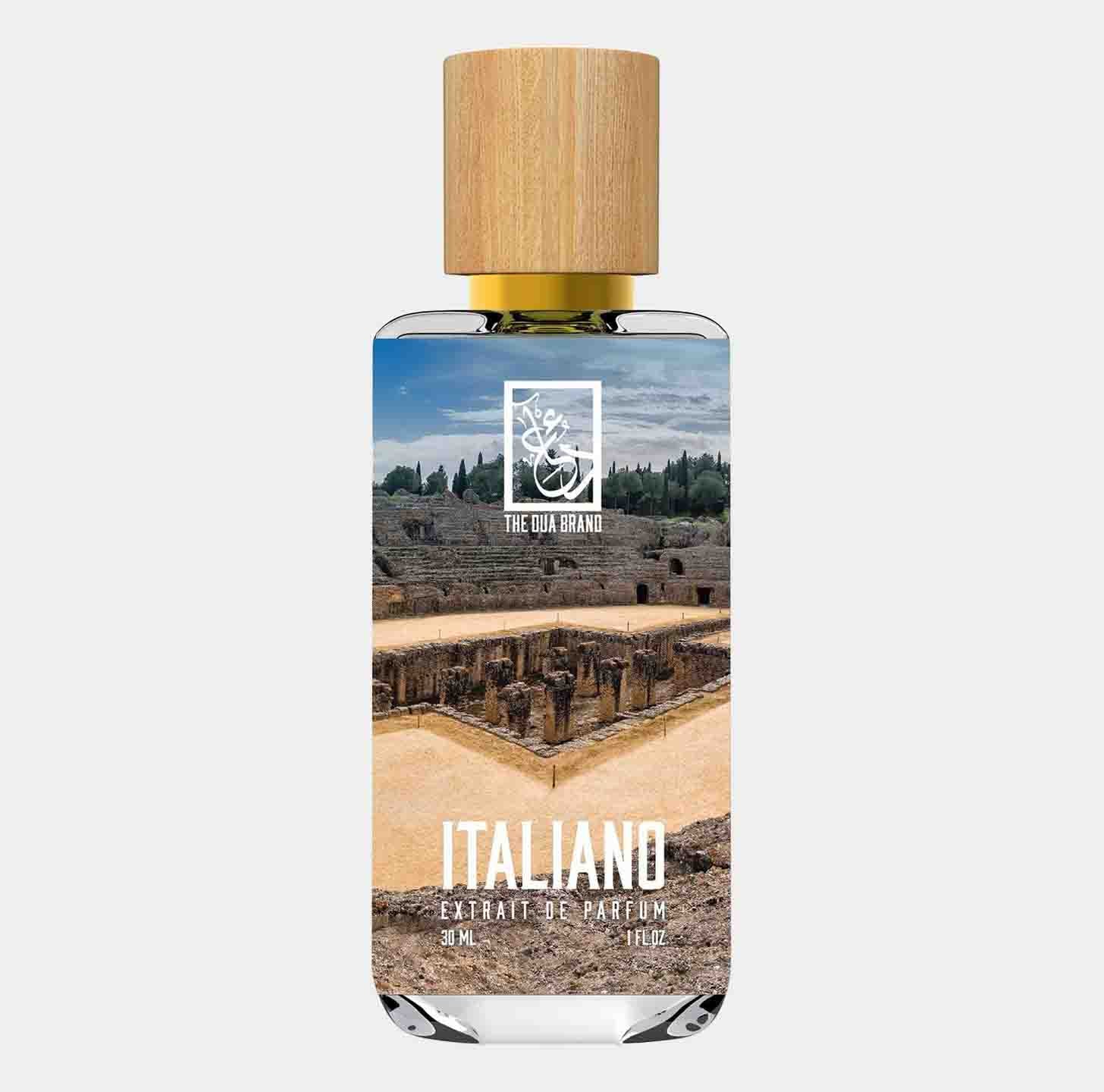 Dua Italiano Sample is a 30 ml parfum extract featuring a scenic design inspired by Italian landscapes, showcasing its elegant packaging and premium quality.