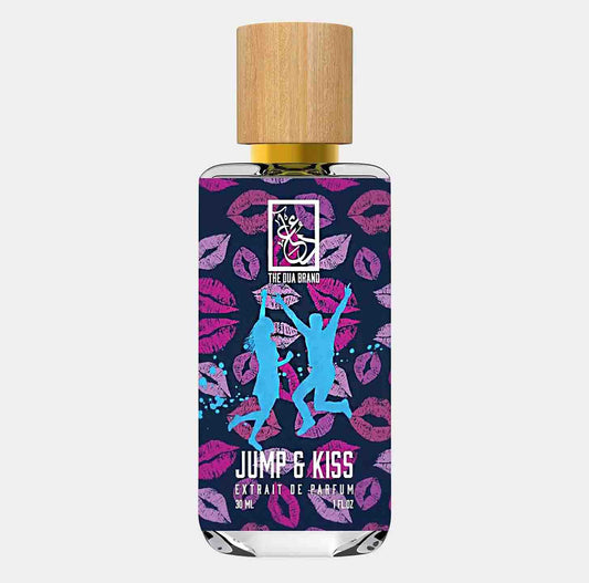 Dua Jump Kiss Sample, een parfum in een elegante flacon met een houten dop, versierd met levendige lippen en dansende figuren.