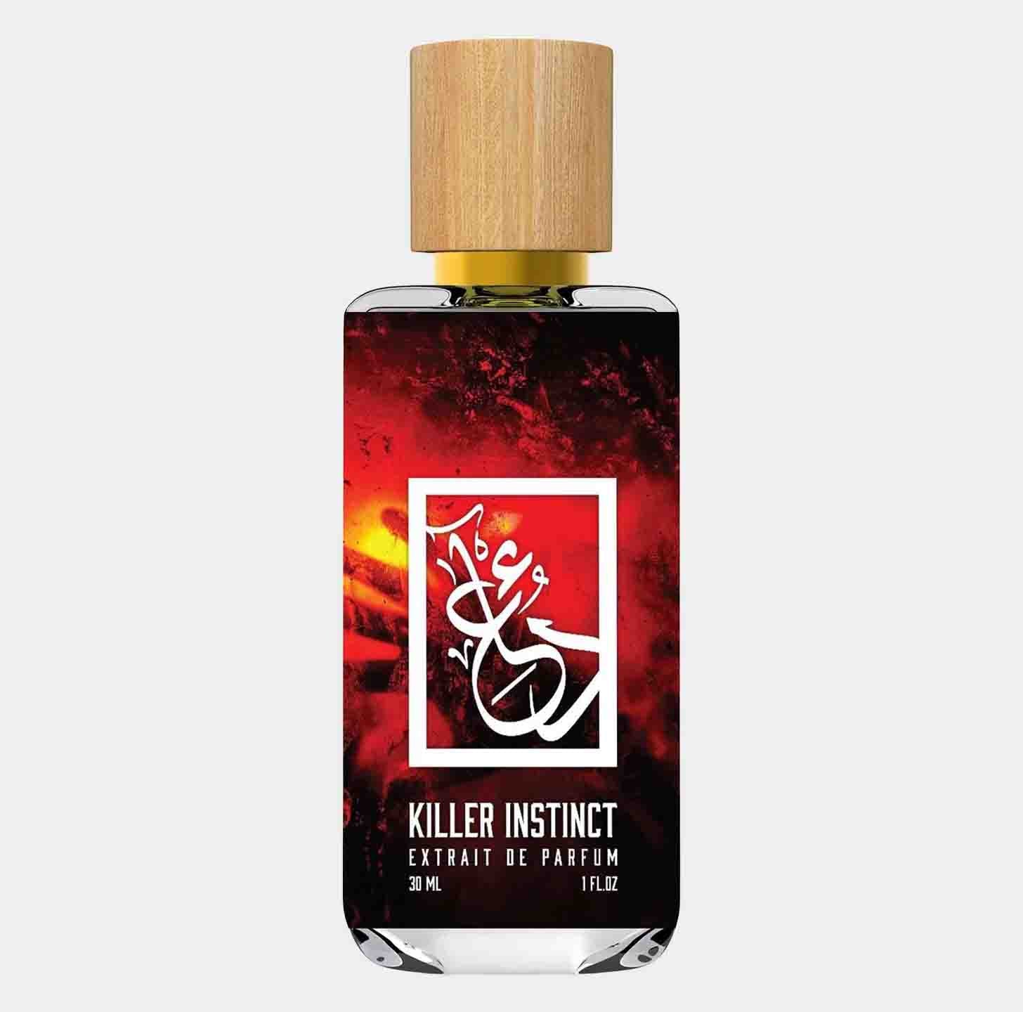 Dua Killer Instinct, een 30 ml extrait de parfum met een opvallende verpakking in zwart en rood, afgewerkt met een houten dop.