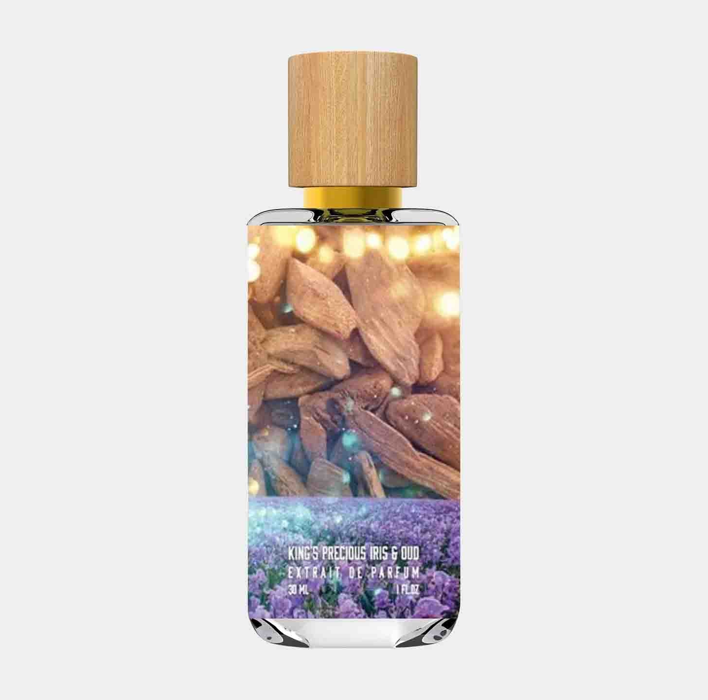 Een flesje van 30 ml van Dua Kings Precious Oud Iris Sample, met een aantrekkelijke mix van irissen en houtachtige tonen op de achtergrond.