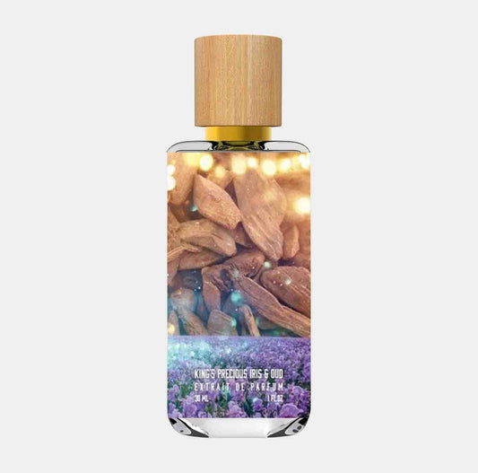 Een flesje van 30 ml van Dua Kings Precious Oud Iris Sample, met een aantrekkelijke mix van irissen en houtachtige tonen op de achtergrond.