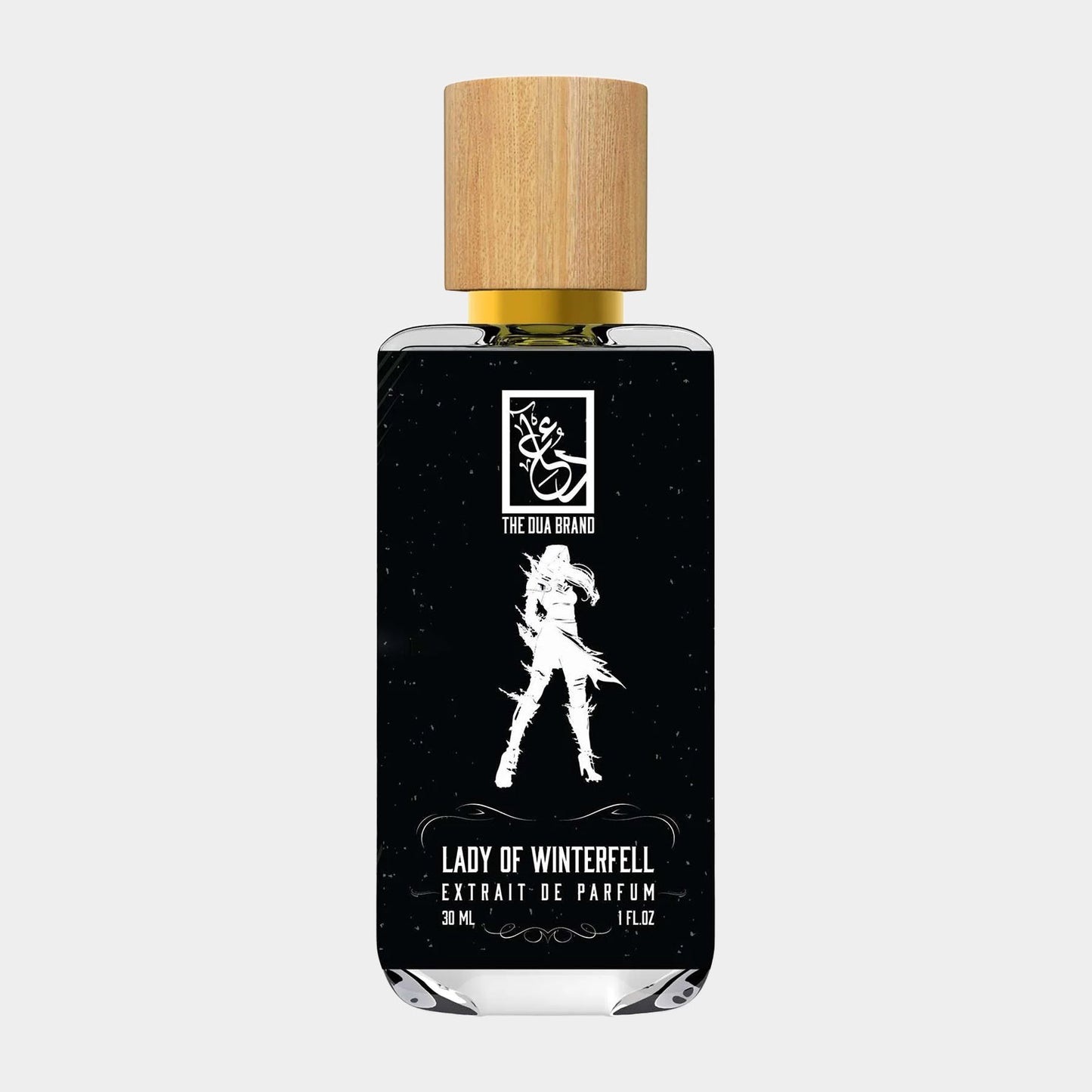 Dua Lady of Winterfell Sample, een elegante parfumfles van 30 ml met een moderne uitstraling en een afbeelding van een vrouwelijke figuur op de etikettering.