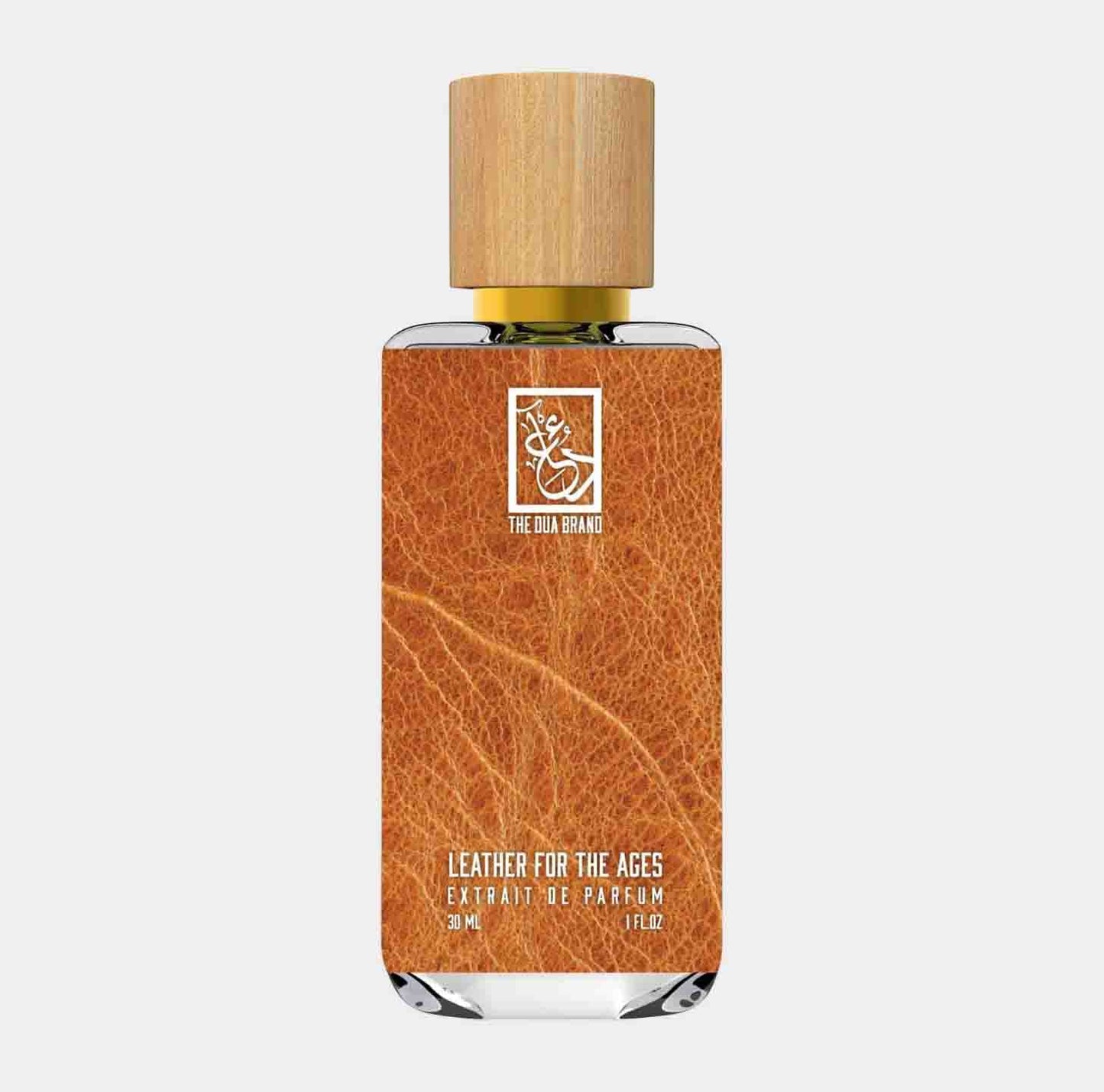 Samplefles van Dua Leather for the Ages, een luxe parfum met een opvallende leren textuur en een stijlvolle houten dop.